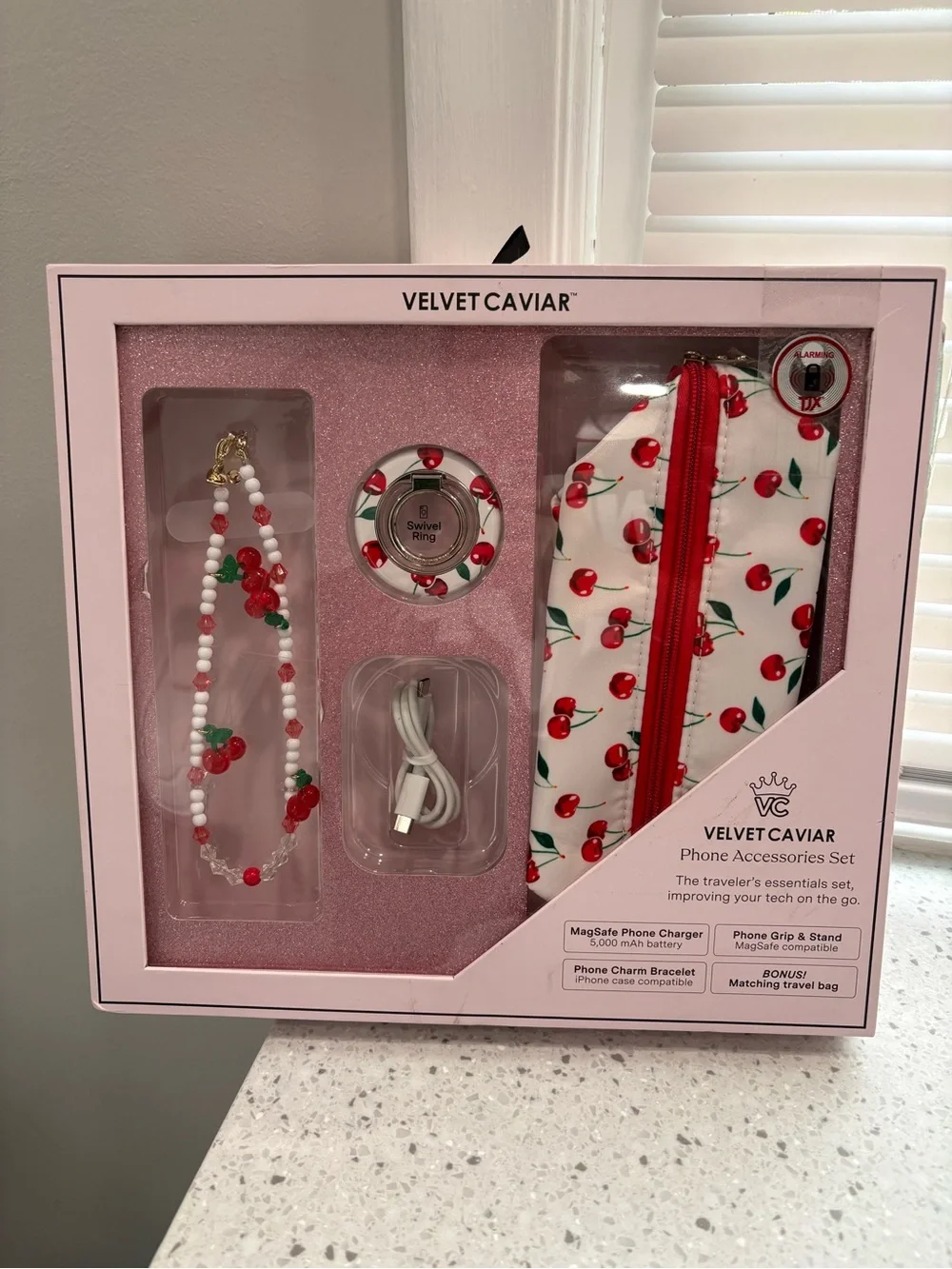 NEW in box Velvet Caviar Cherry Phone Accessory Set - White & Red